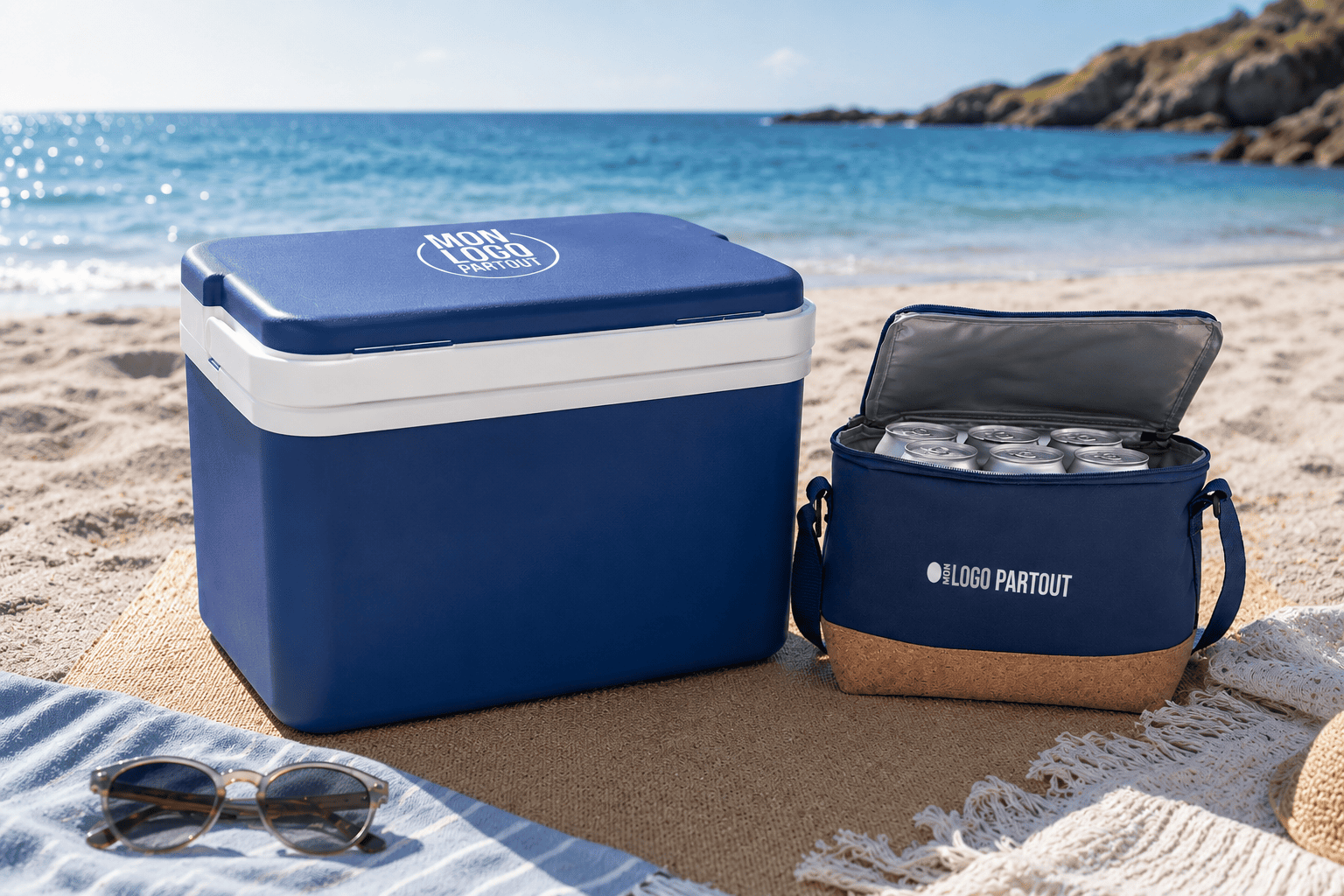 Glacière et sac isotherme sur une plage